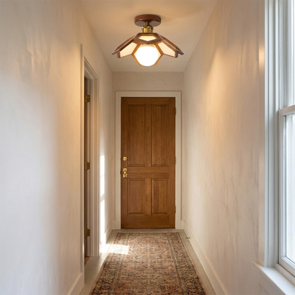 Maelle walnut wood lotus ceiling light in a narrow hallway