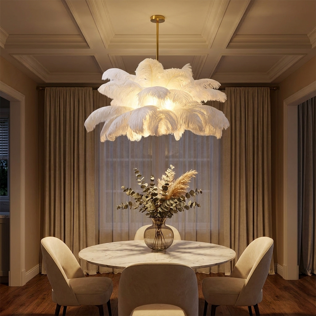 Plume white feather ceiling light above a round marble dining table