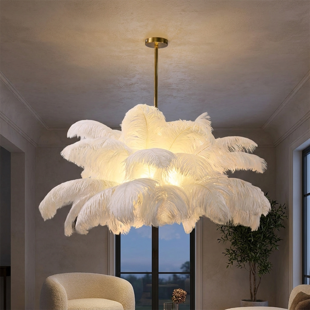 Plume white feather ceiling light in an elegant living room