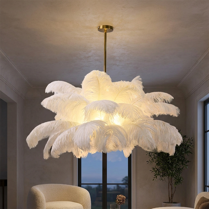 Plume white feather ceiling light in an elegant living room