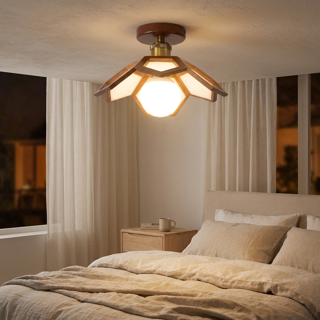 Maelle walnut wood lotus semi flush ceiling light in a Nordic bedroom