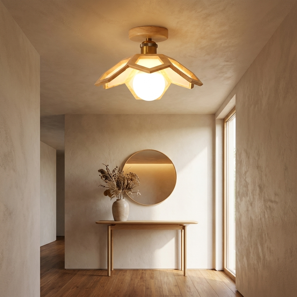 Maelle natural wood lotus ceiling light in a welcoming entry