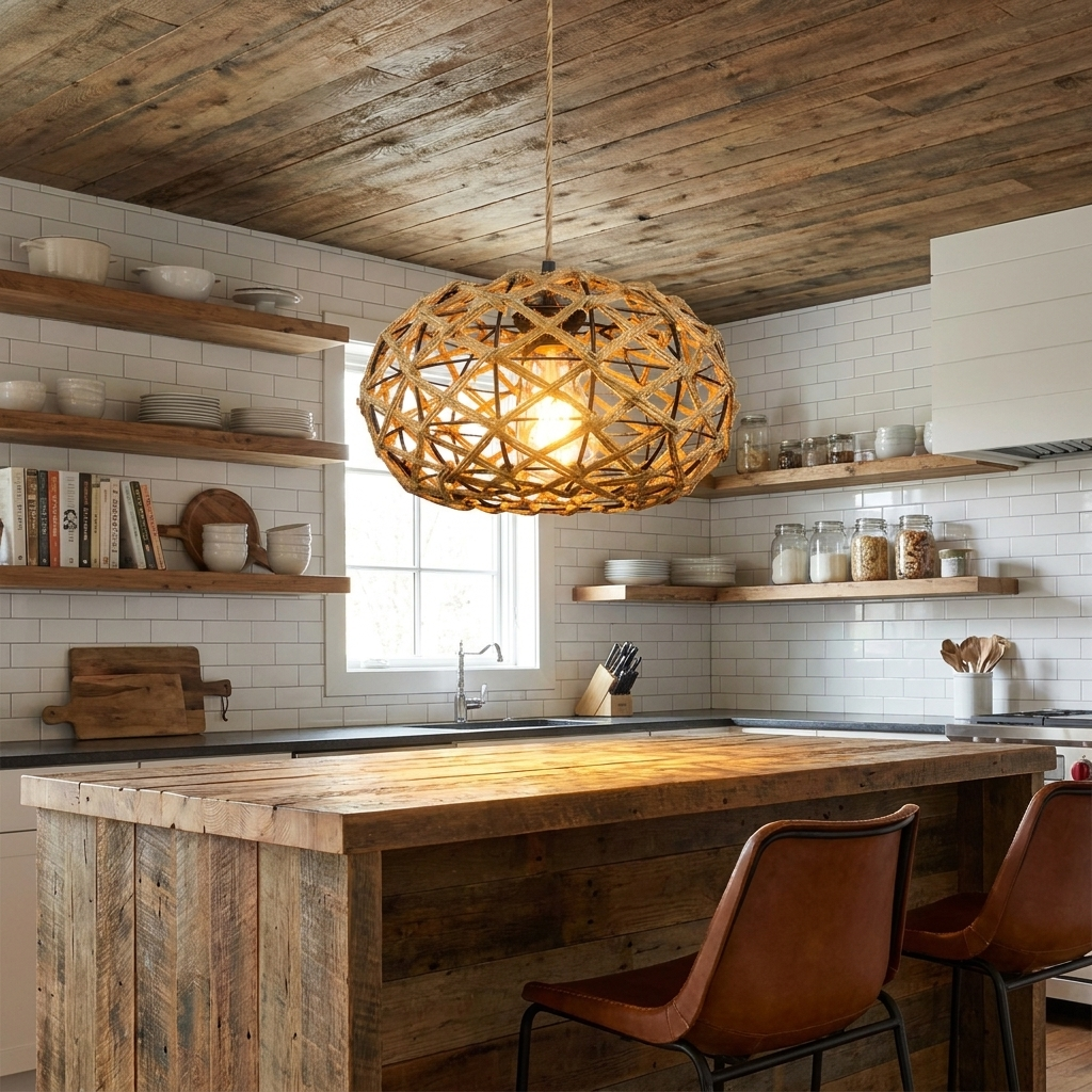 Nessa hand woven rope pendant light above a rustic kitchen island