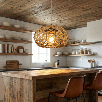 Nessa hand woven rope pendant light above a rustic kitchen island