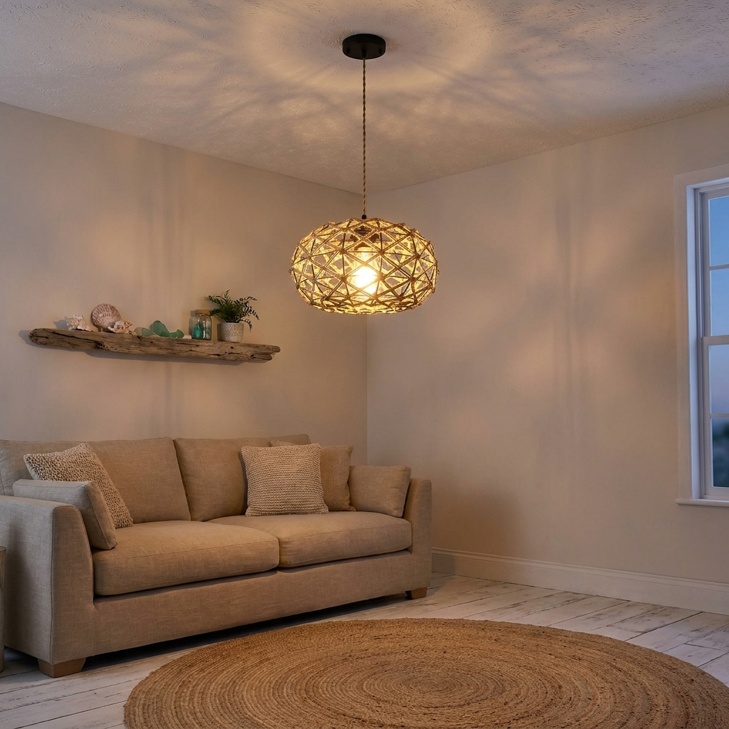 Nessa hand woven rope pendant light in a coastal living room corner