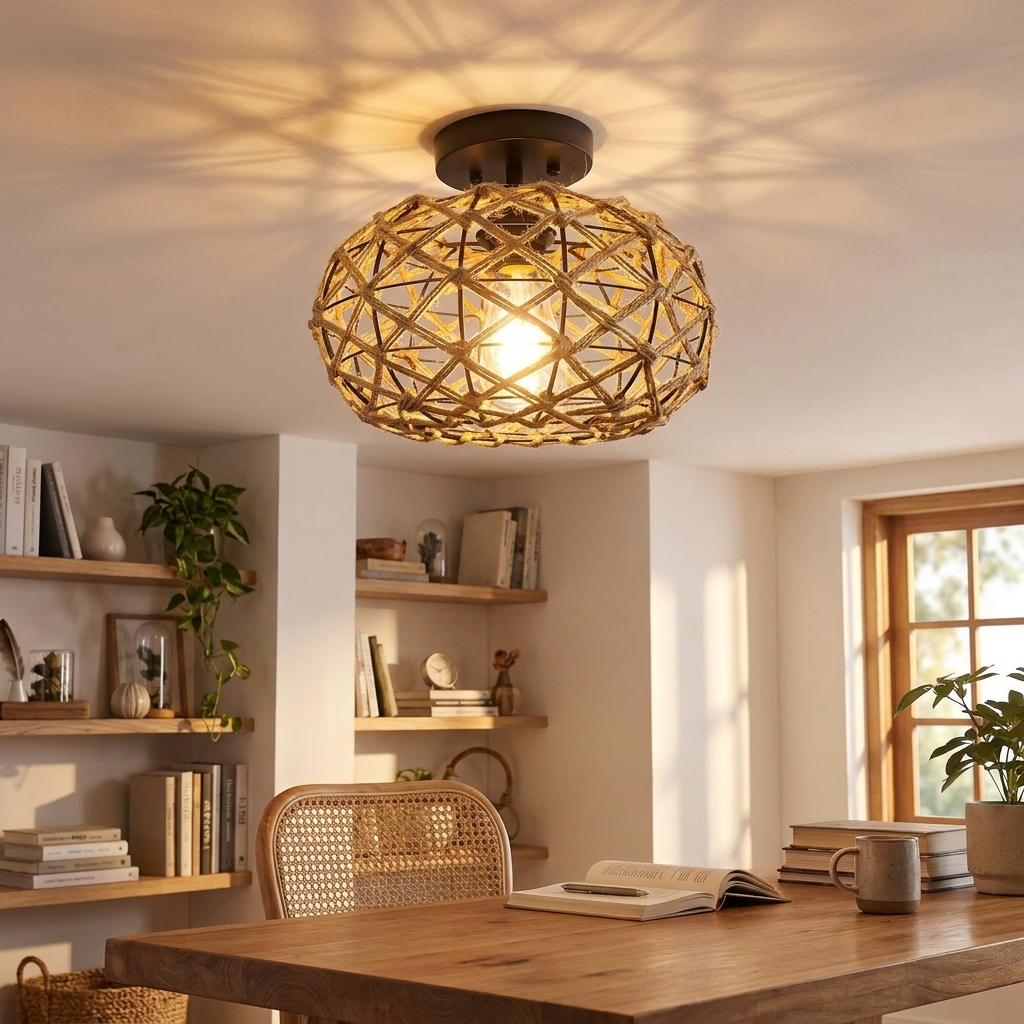 Nessa hand woven rope semi flush ceiling light in a calm study