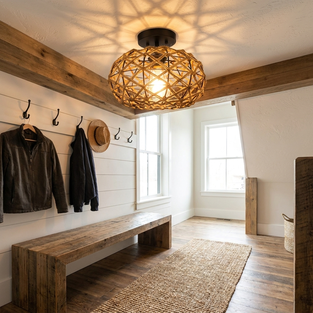 Nessa hand woven rope semi flush ceiling light in a rustic modern entry