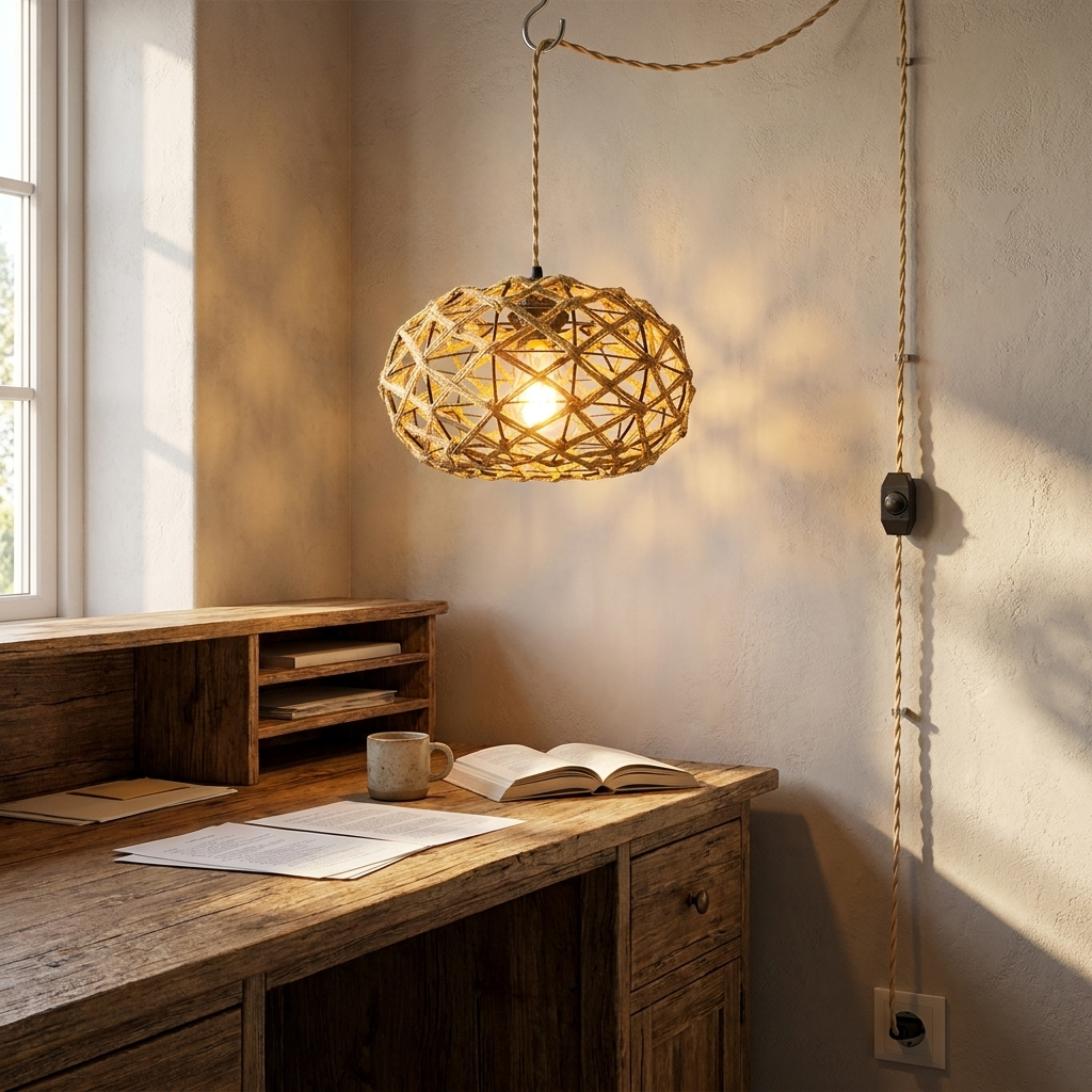 Nessa hand woven rope plug in pendant light above a study desk