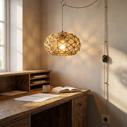 Nessa hand woven rope plug in pendant light above a study desk