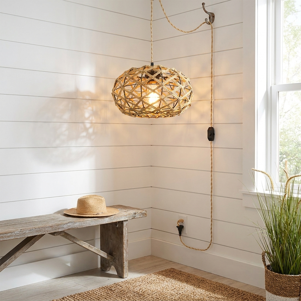 Nessa hand woven rope plug in pendant light in a coastal entry corner