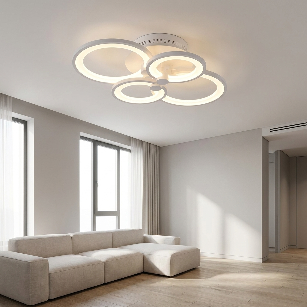 Anneau white multi ring LED ceiling light in a minimalist living room