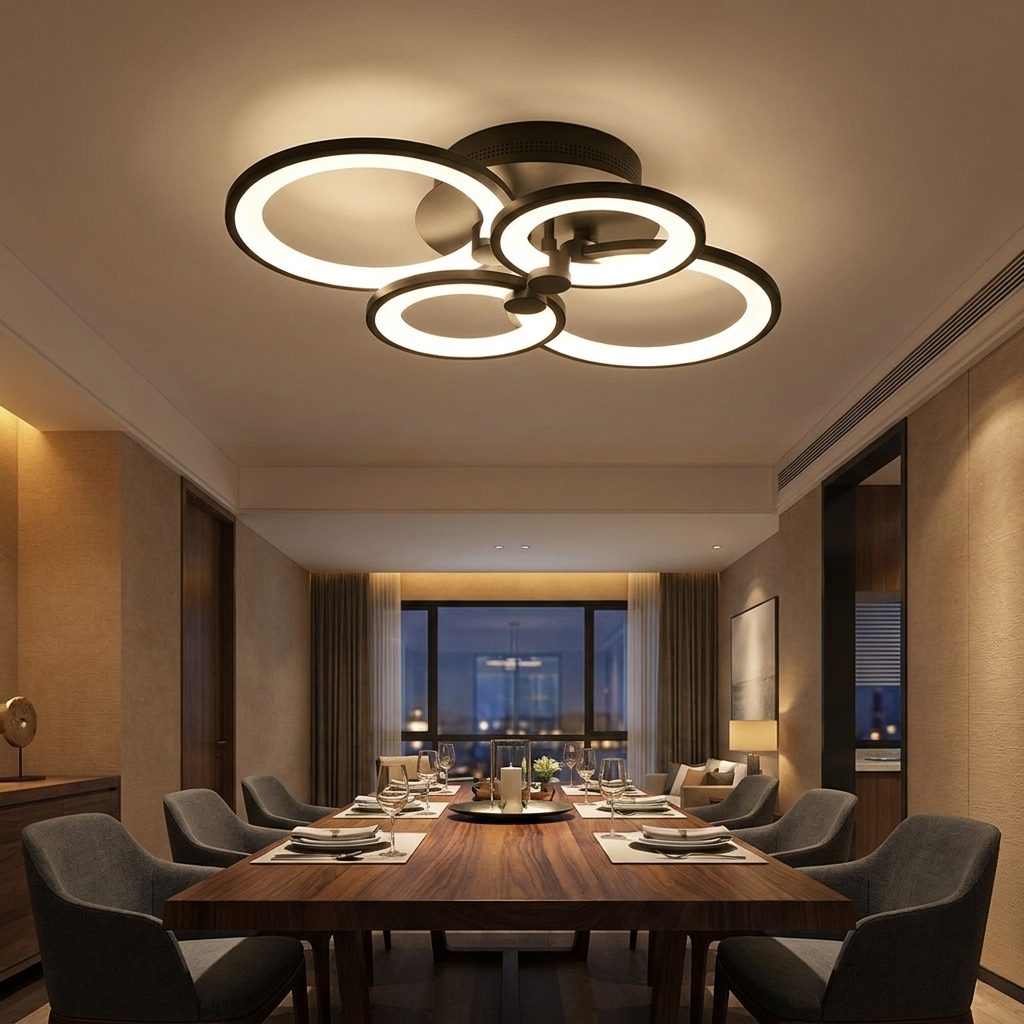 Anneau black multi ring LED ceiling light above a modern dining room