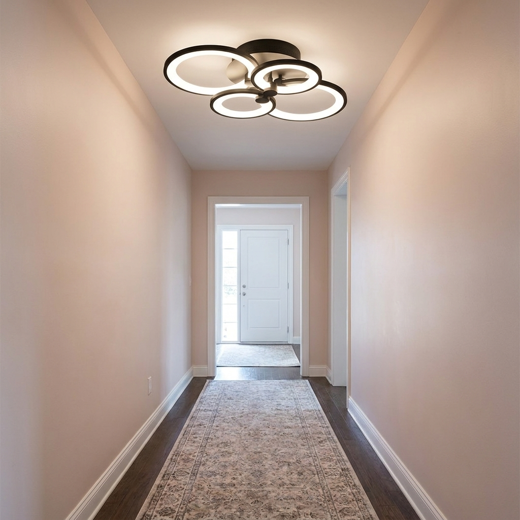 Anneau black multi ring LED ceiling light in a long hallway