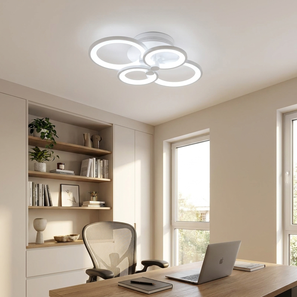 Anneau white multi ring LED ceiling light in a bright home office