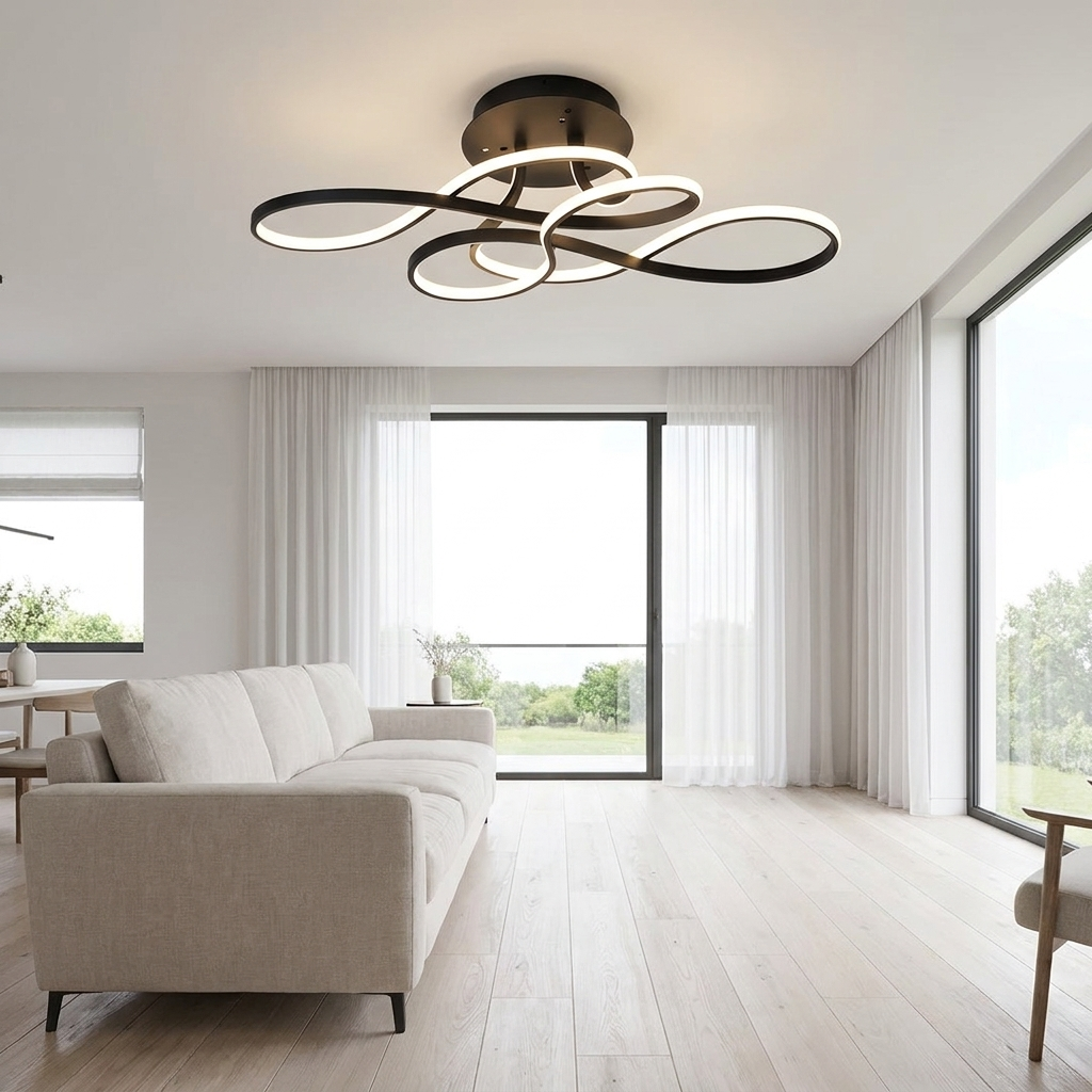 Lisse black curved ribbon LED ceiling light in a minimalist living room