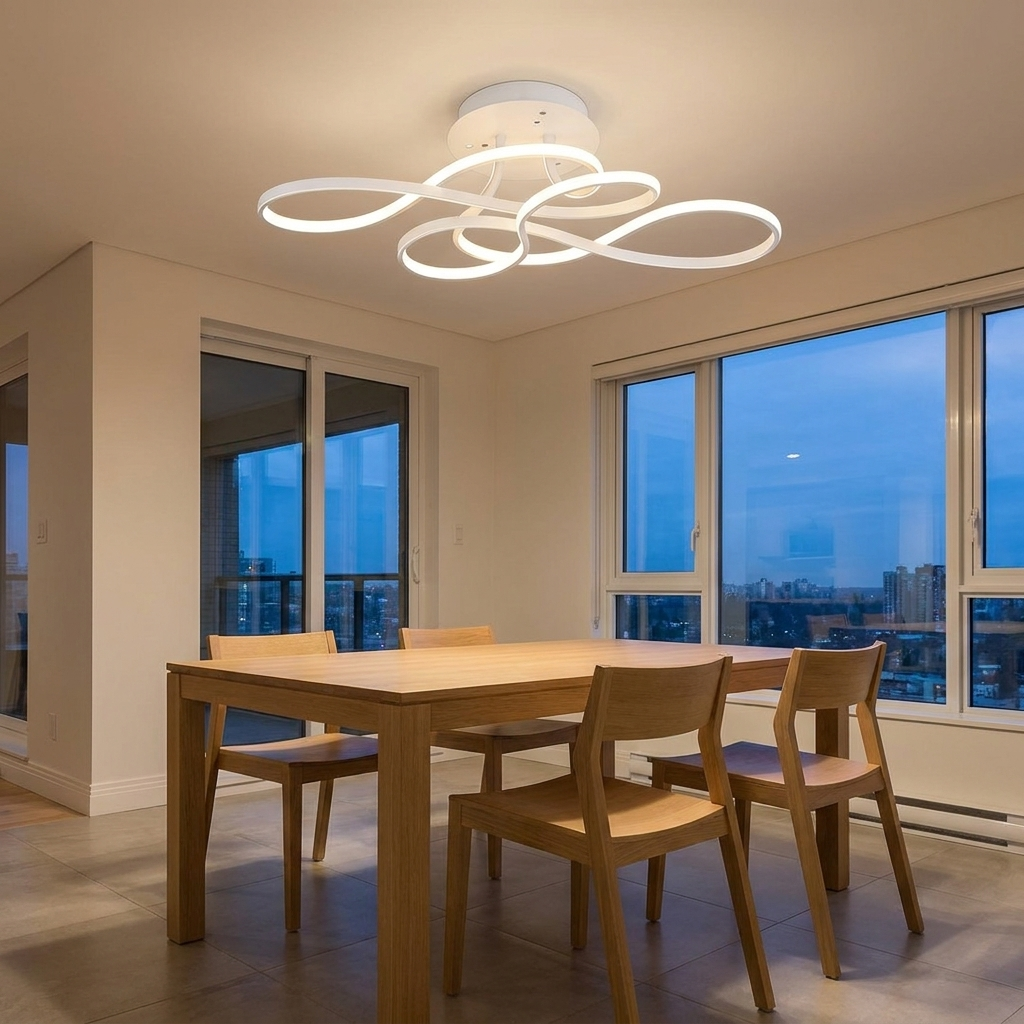 Lisse white curved ribbon ceiling light above a modern dining table