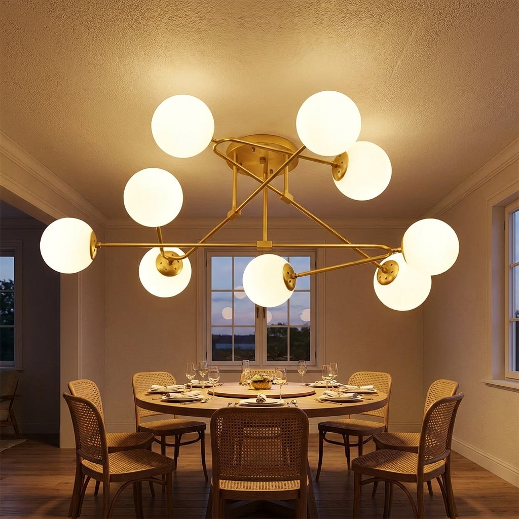 Auric gold branching sputnik ceiling light above a round dining table