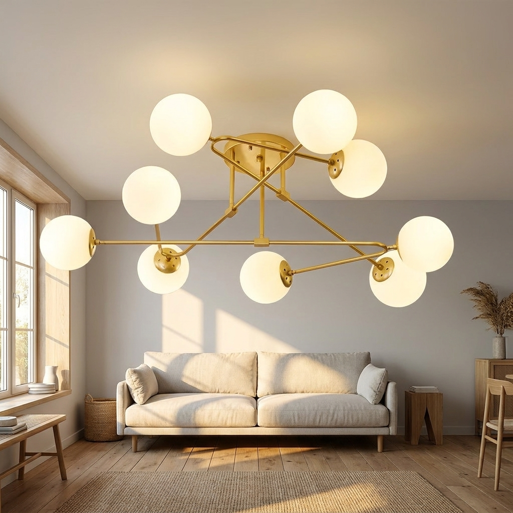 Auric gold branching sputnik ceiling light in a Nordic living room