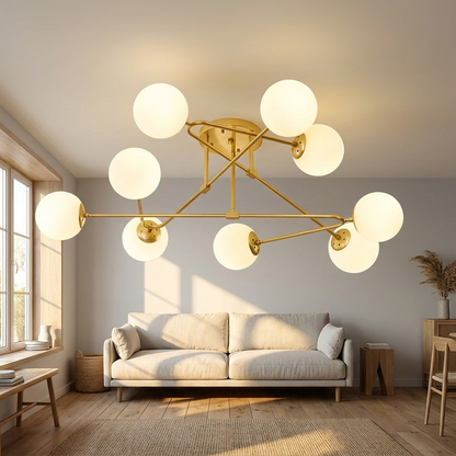 Auric gold branching sputnik ceiling light in a Nordic living room
