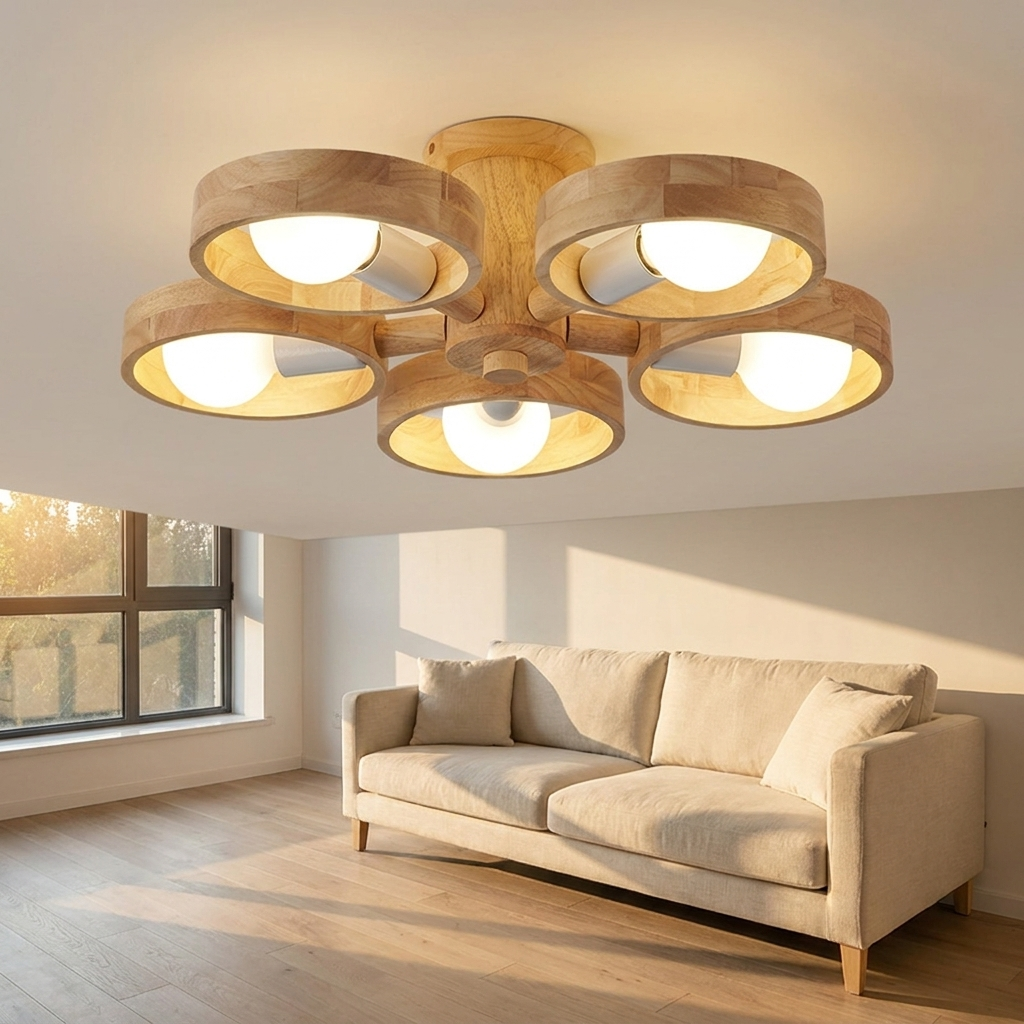 Marigny rubberwood ring chandelier in a Scandinavian living room