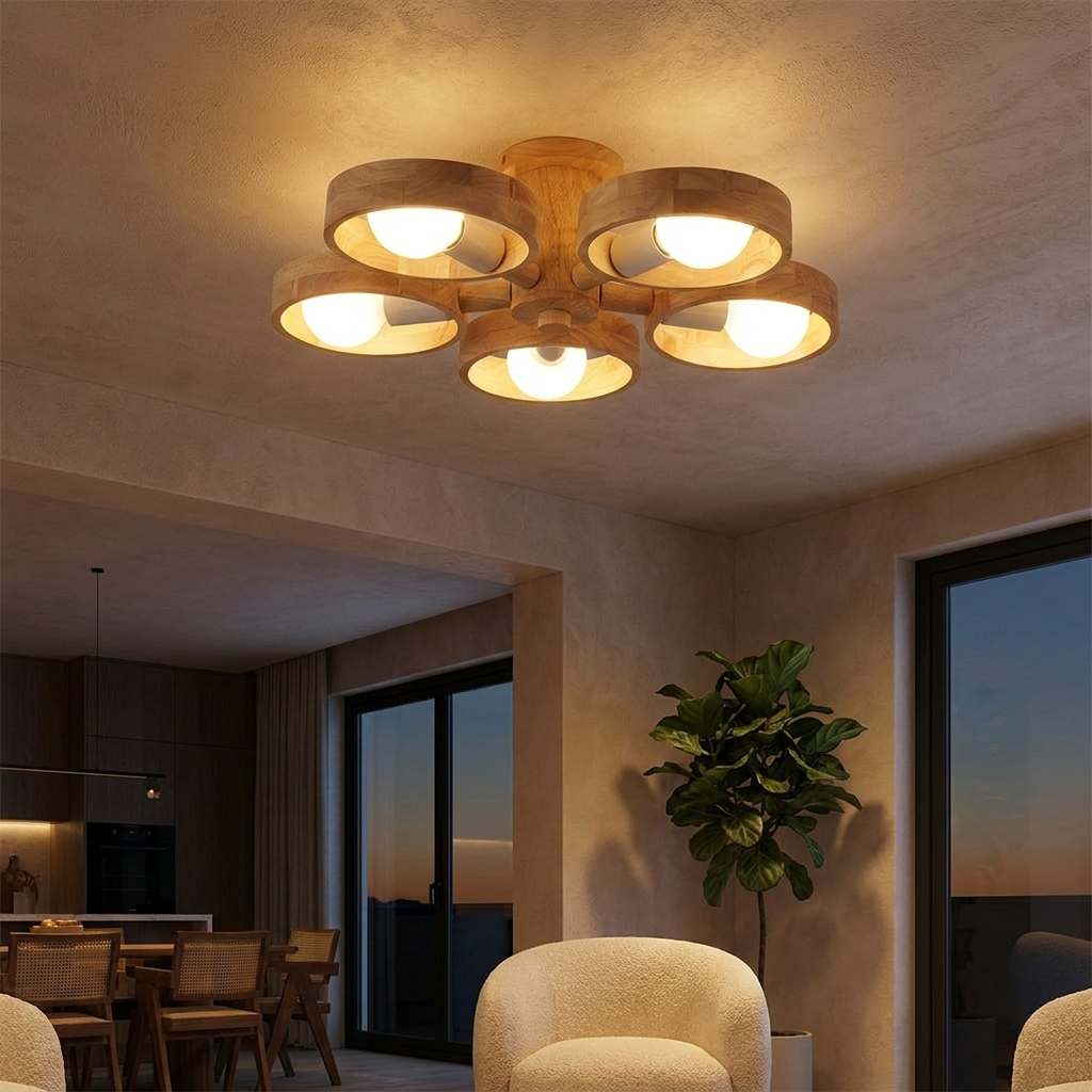 Marigny rubberwood ring chandelier in an open plan living and dining space