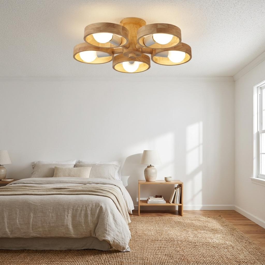 Marigny rubberwood ring chandelier in a bright guest bedroom