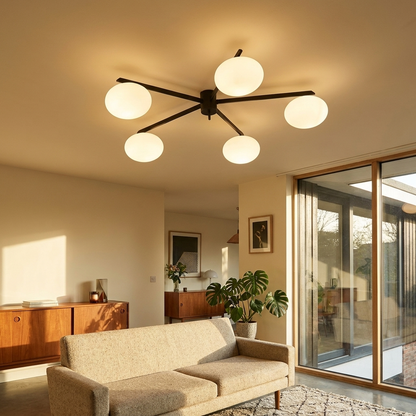 Brume glass bubble semi flush ceiling light in a mid century living room