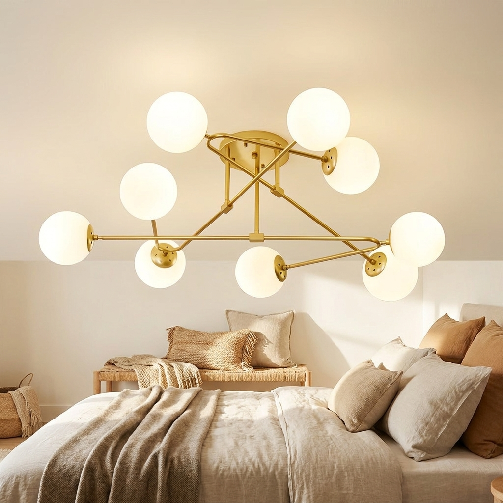 Auric gold branching sputnik ceiling light in a serene guest bedroom