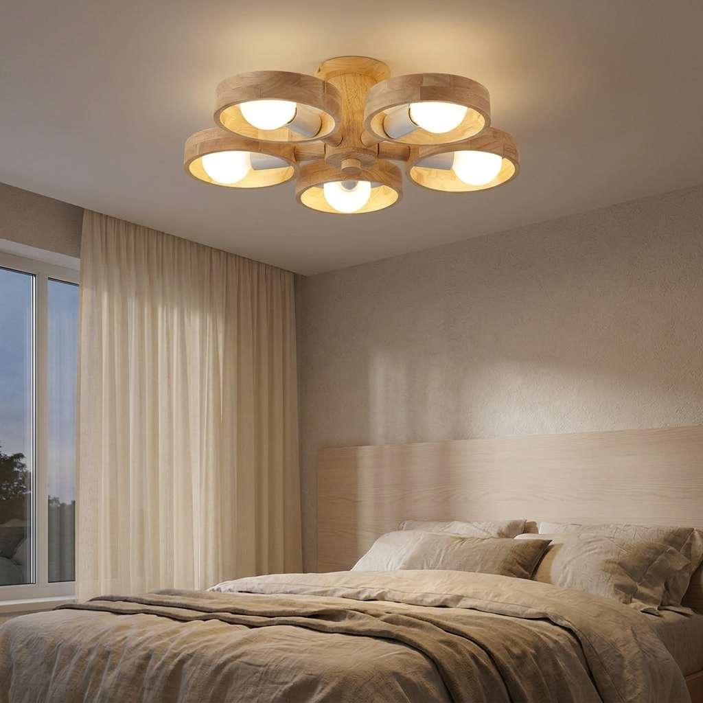 Marigny rubberwood ring chandelier in a calm bedroom