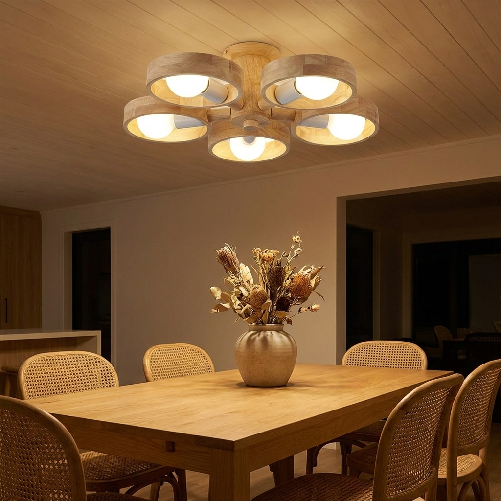 Marigny rubberwood ring chandelier above a light oak dining table