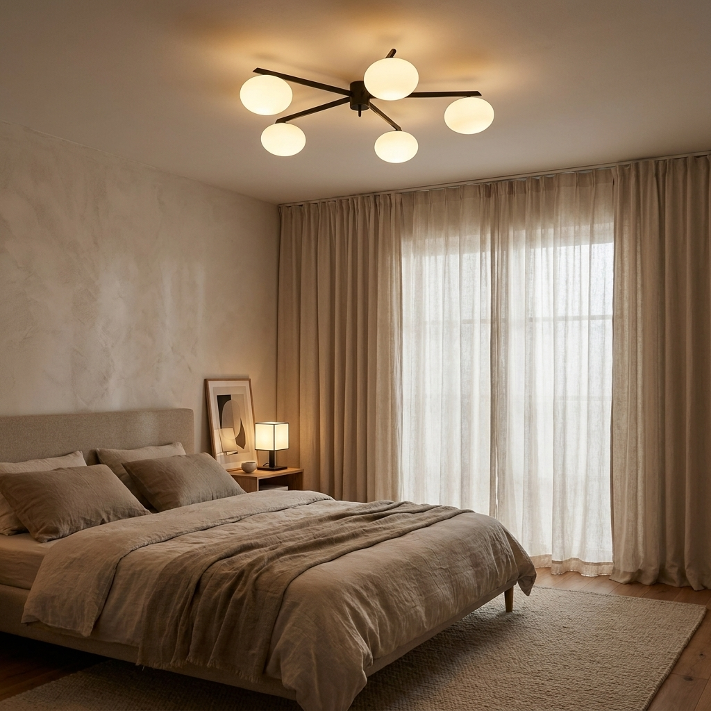 Brume glass bubble ceiling light in a calm Bauhaus bedroom