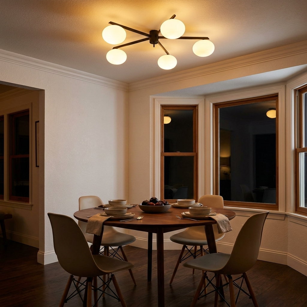 Brume glass bubble ceiling light above a round walnut dining table