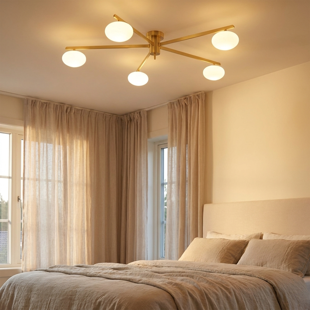 Oria gold oval glass ceiling light in a calm bedroom
