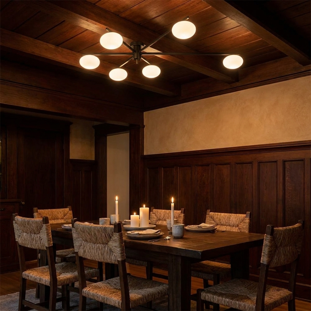 Oria black oval glass ceiling light above a dark timber dining table