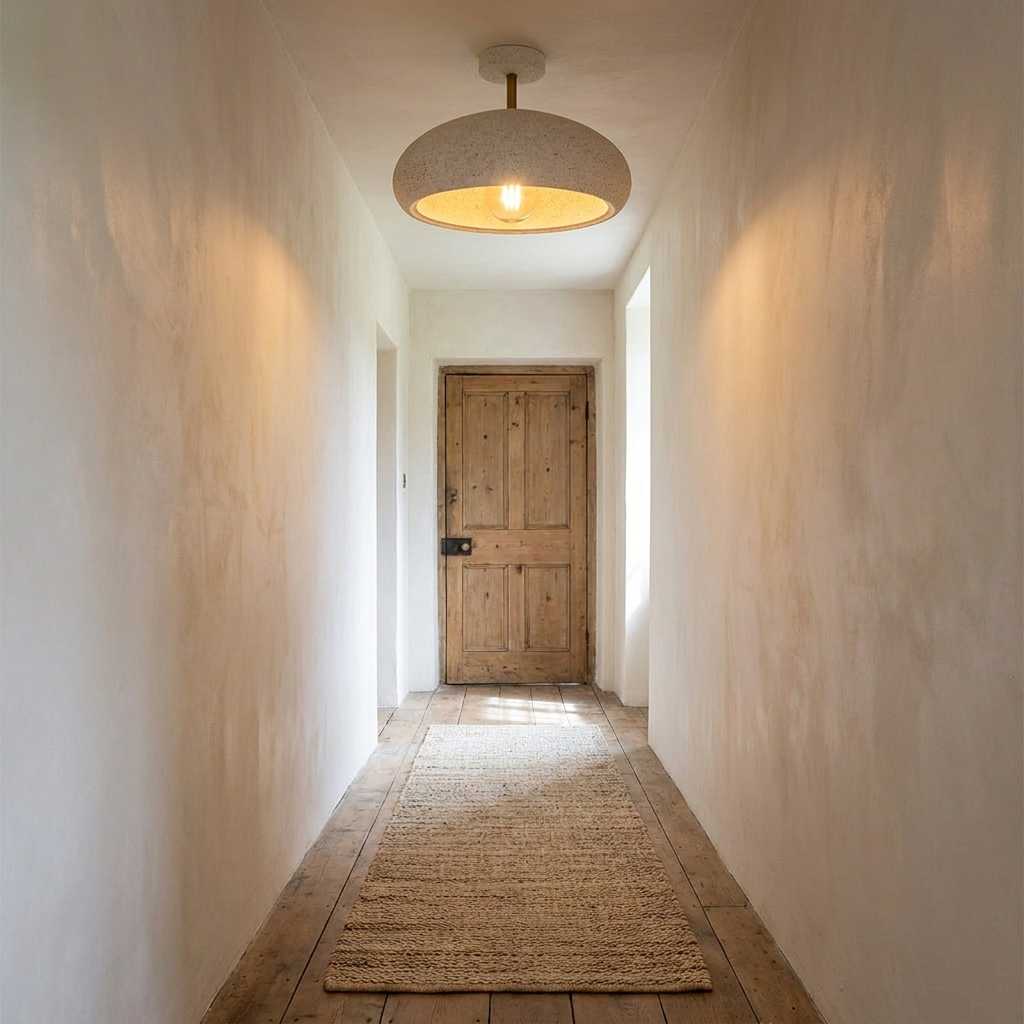 Willa white textured dome ceiling light in a narrow hallway