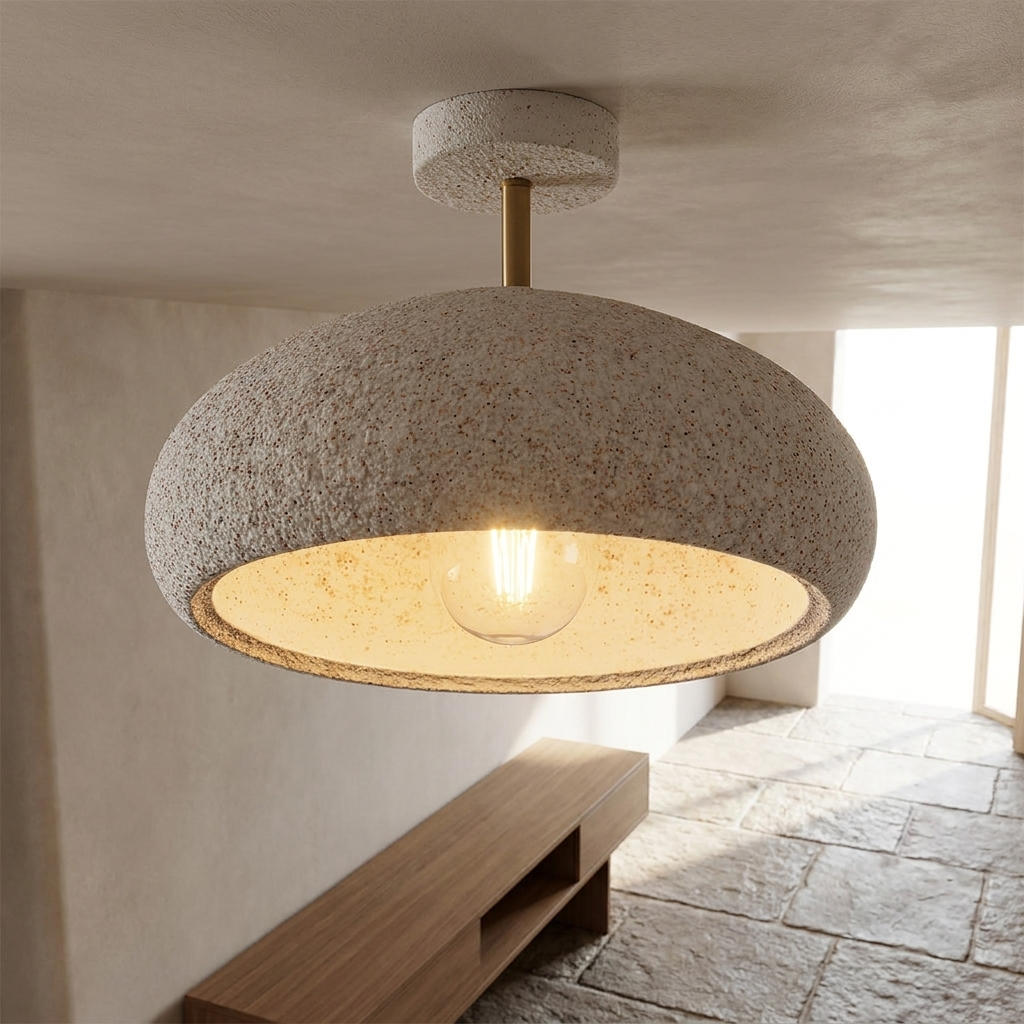 Willa terrazzo speckled dome ceiling light in a stone floored entry
