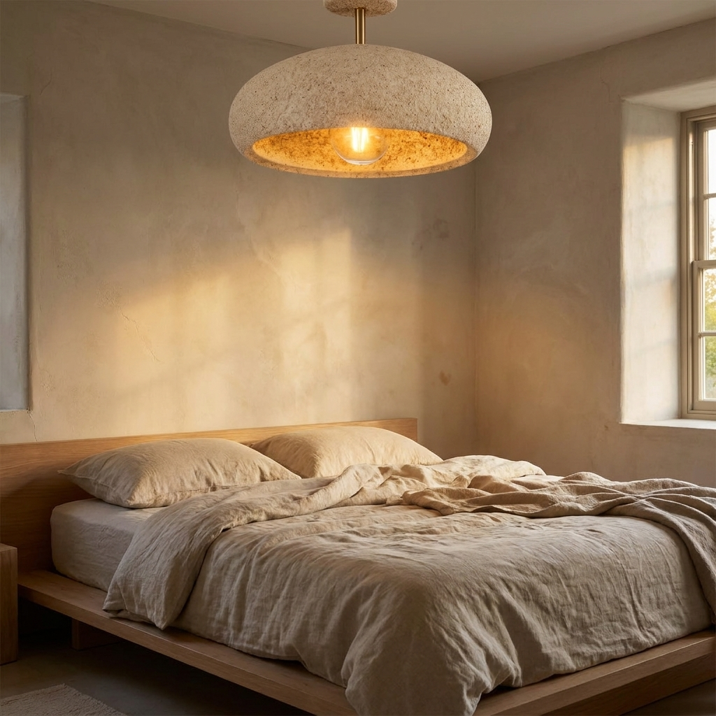 Willa cream speckled dome ceiling light in a calm wabi sabi bedroom