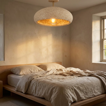 Willa cream speckled dome ceiling light in a calm wabi sabi bedroom
