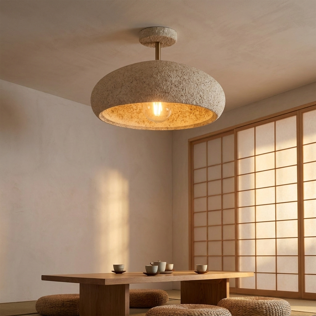 Willa cream speckled dome ceiling light in a minimalist tea room