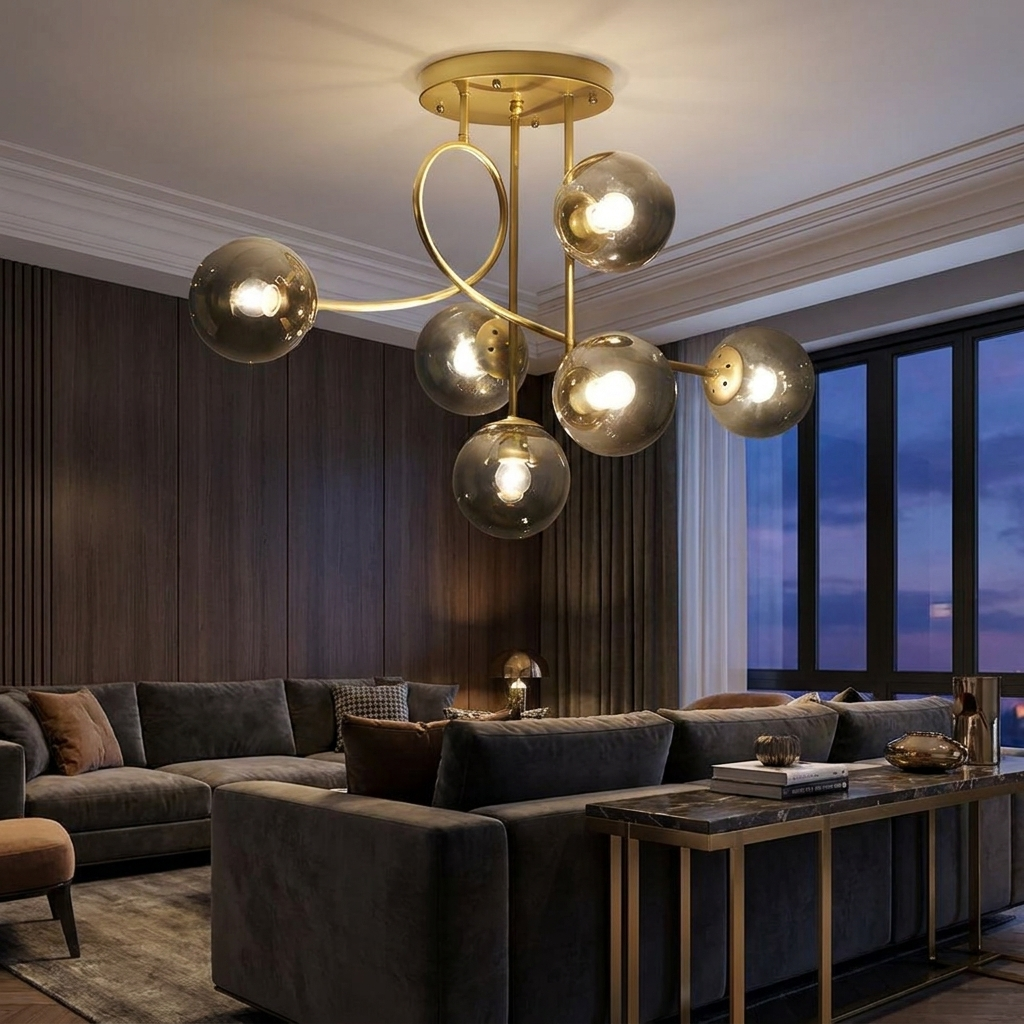 Lenore gold chandelier with smoke grey globes in a refined living room