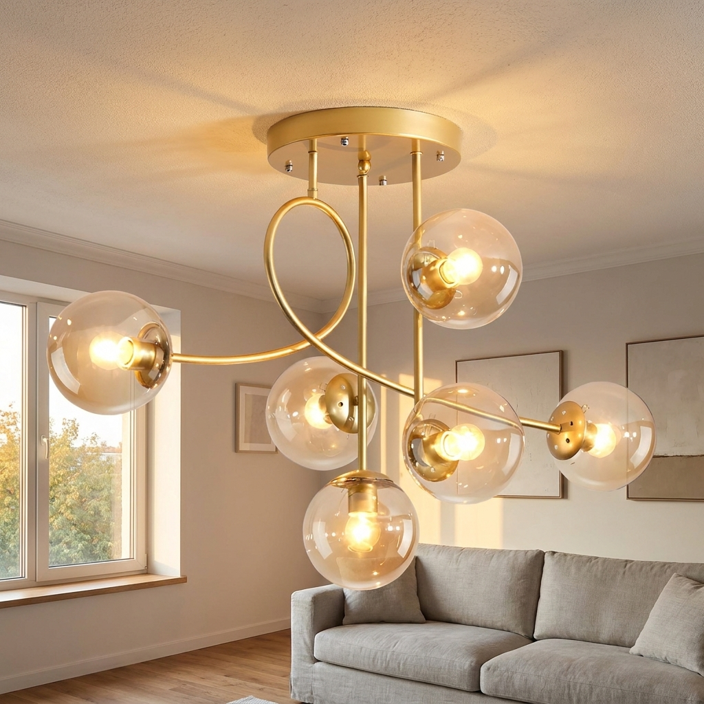 Lenore gold chandelier with cognac glass globes in a Nordic living room