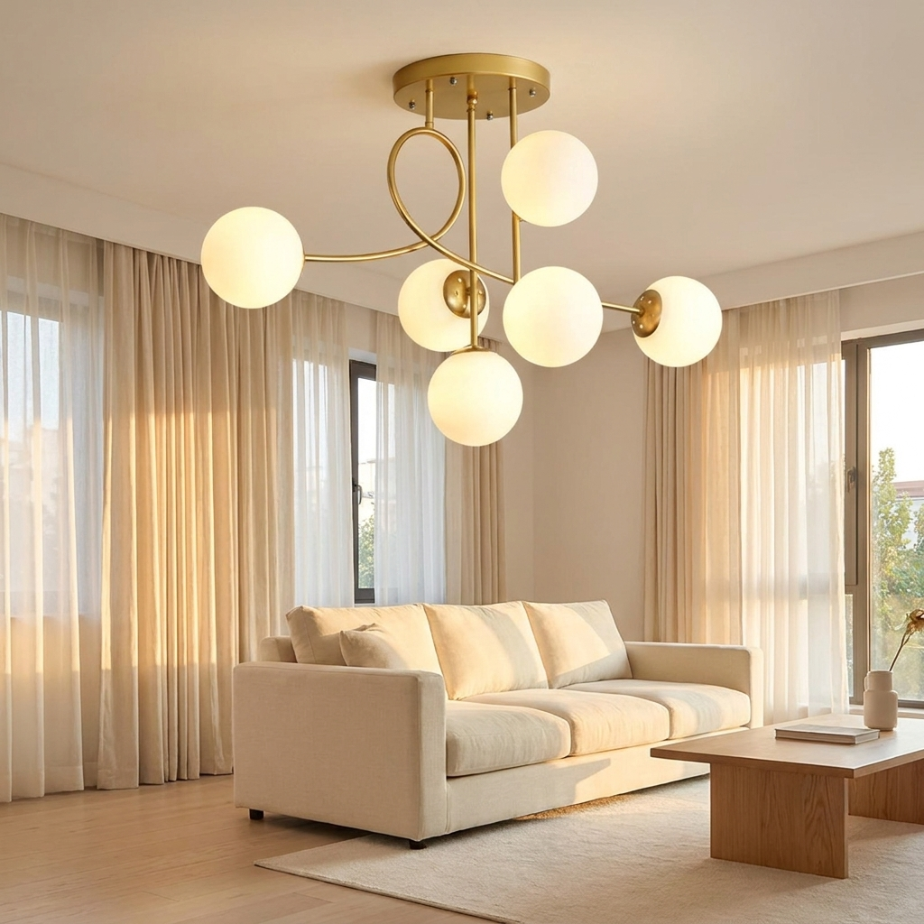 Lenore gold chandelier with milk white globes in a bright Nordic living room
