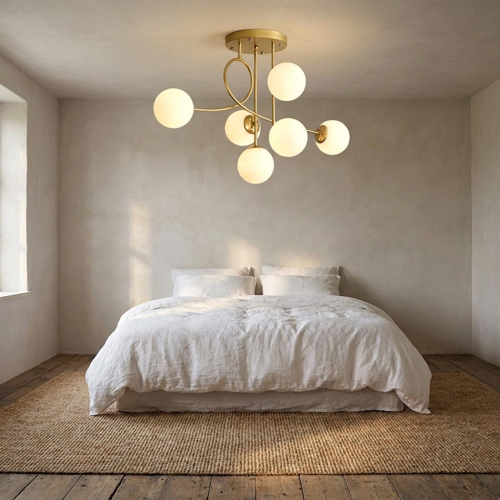 Lenore gold chandelier with milk white globes in a serene bedroom