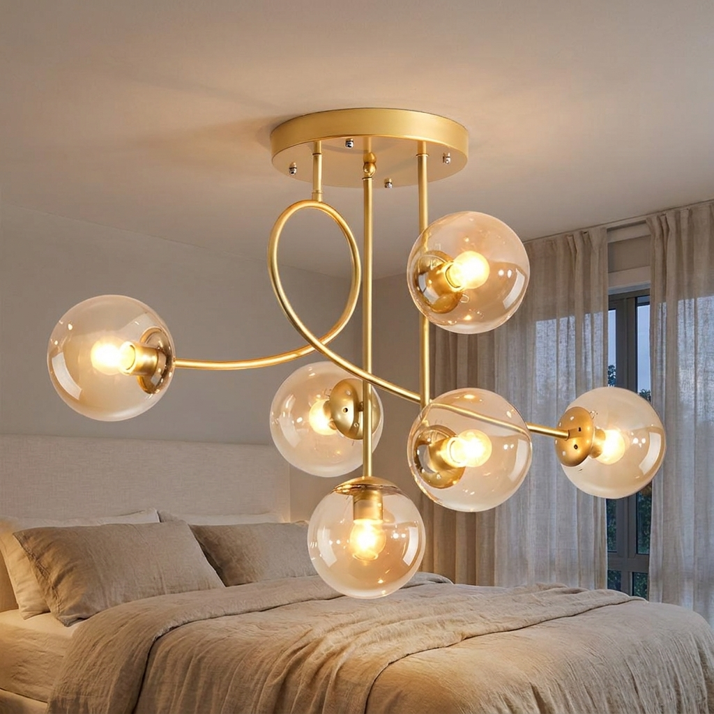 Lenore gold chandelier with cognac glass globes in a calm bedroom