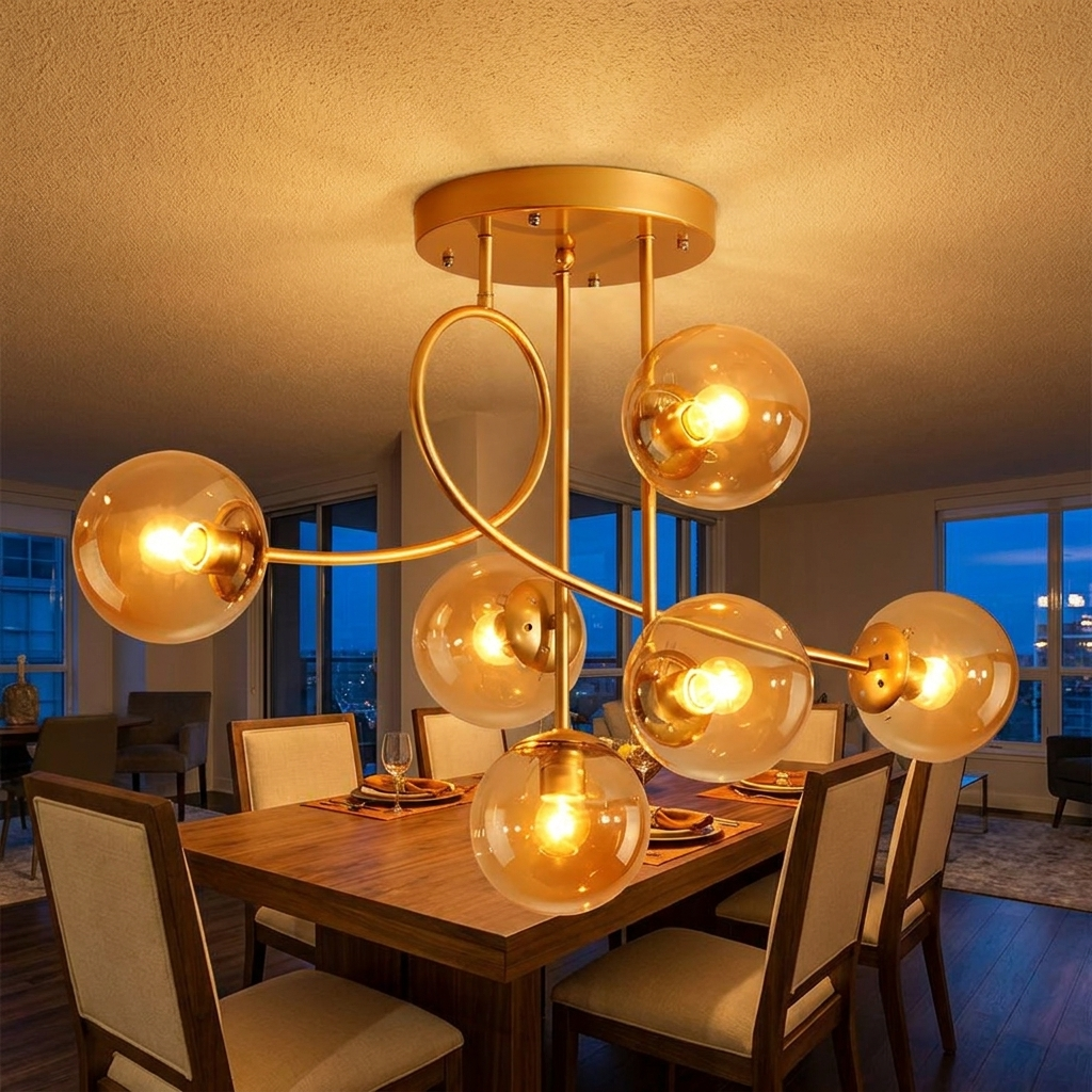 Lenore gold chandelier with cognac glass globes above a walnut dining table