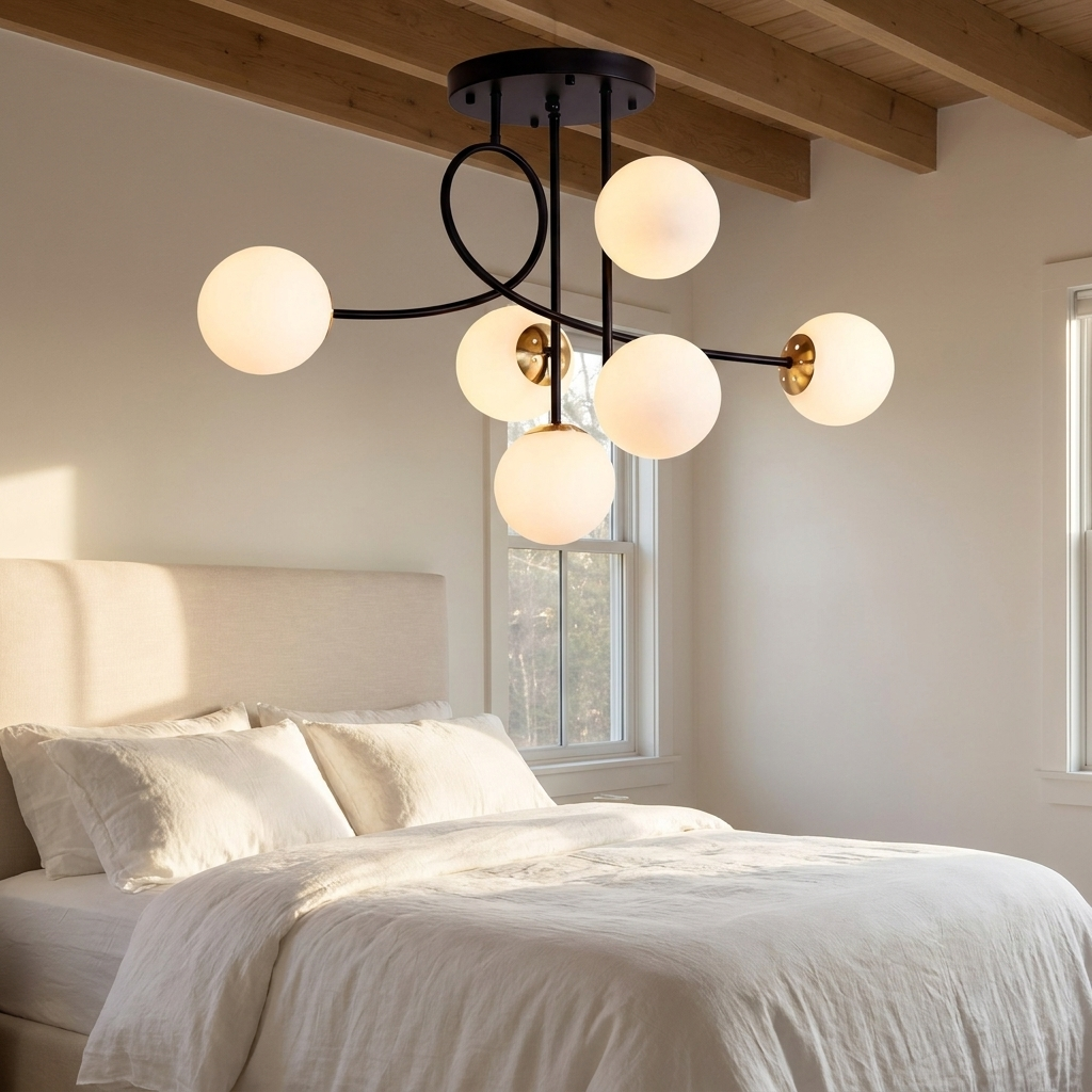 Lenore black chandelier with milk white globes in a calm bedroom