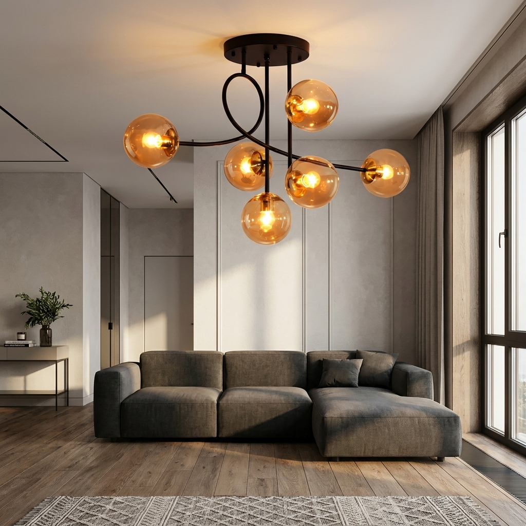 Lenore black chandelier with cognac glass globes in a modern living room