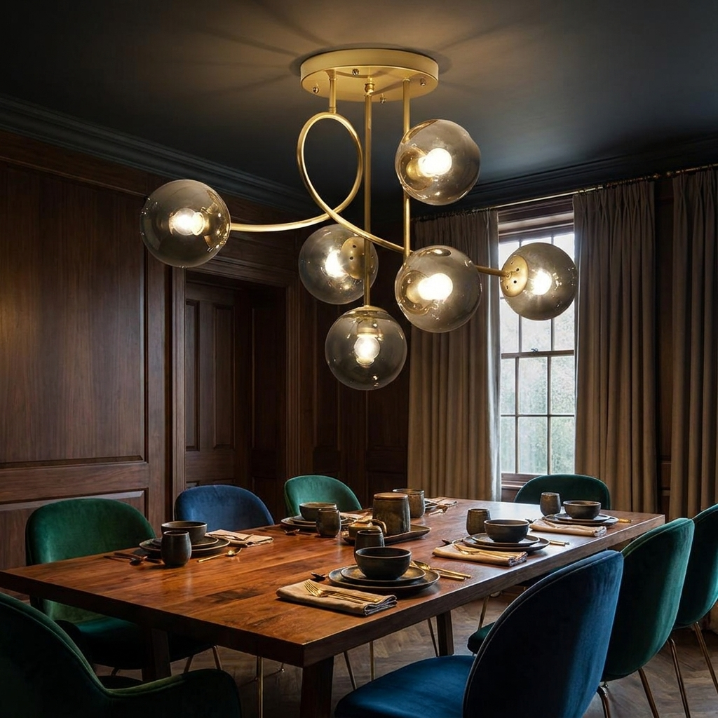 Lenore gold chandelier with smoke grey globes above a dark timber dining table