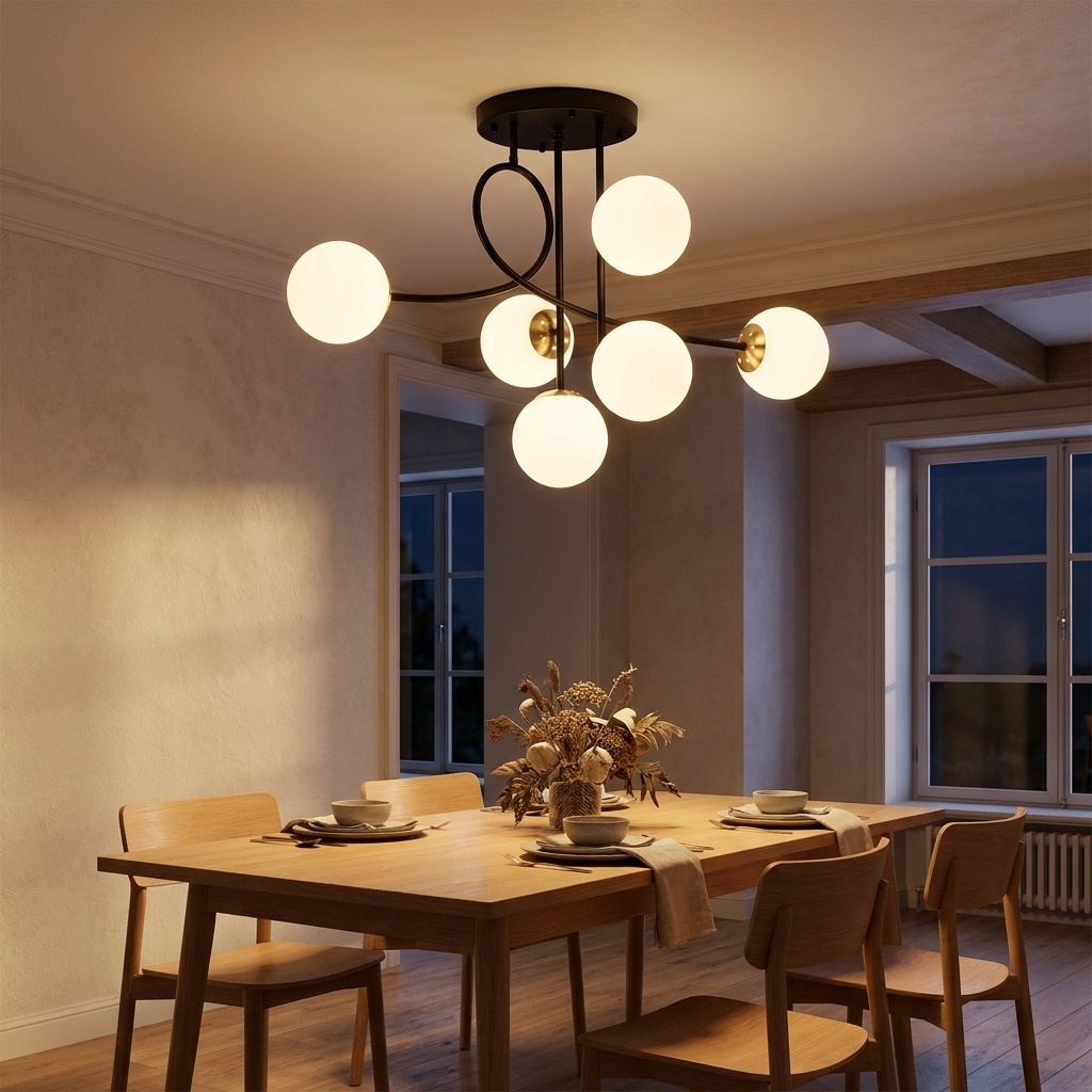 Lenore black chandelier with milk white globes above an oak dining table