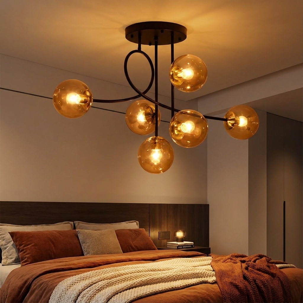 Lenore black chandelier with cognac glass globes in a modern bedroom